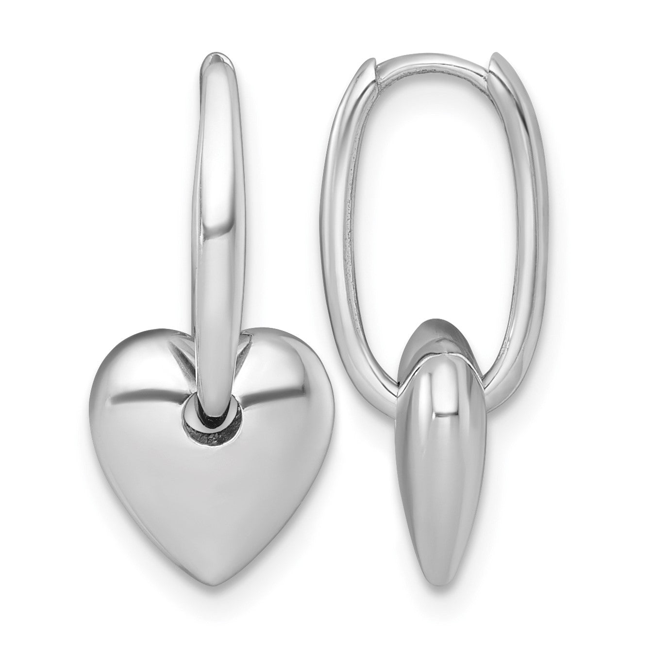 14k White Gold Polished Dangle Puffed Heart Hinged Hoop Earrings