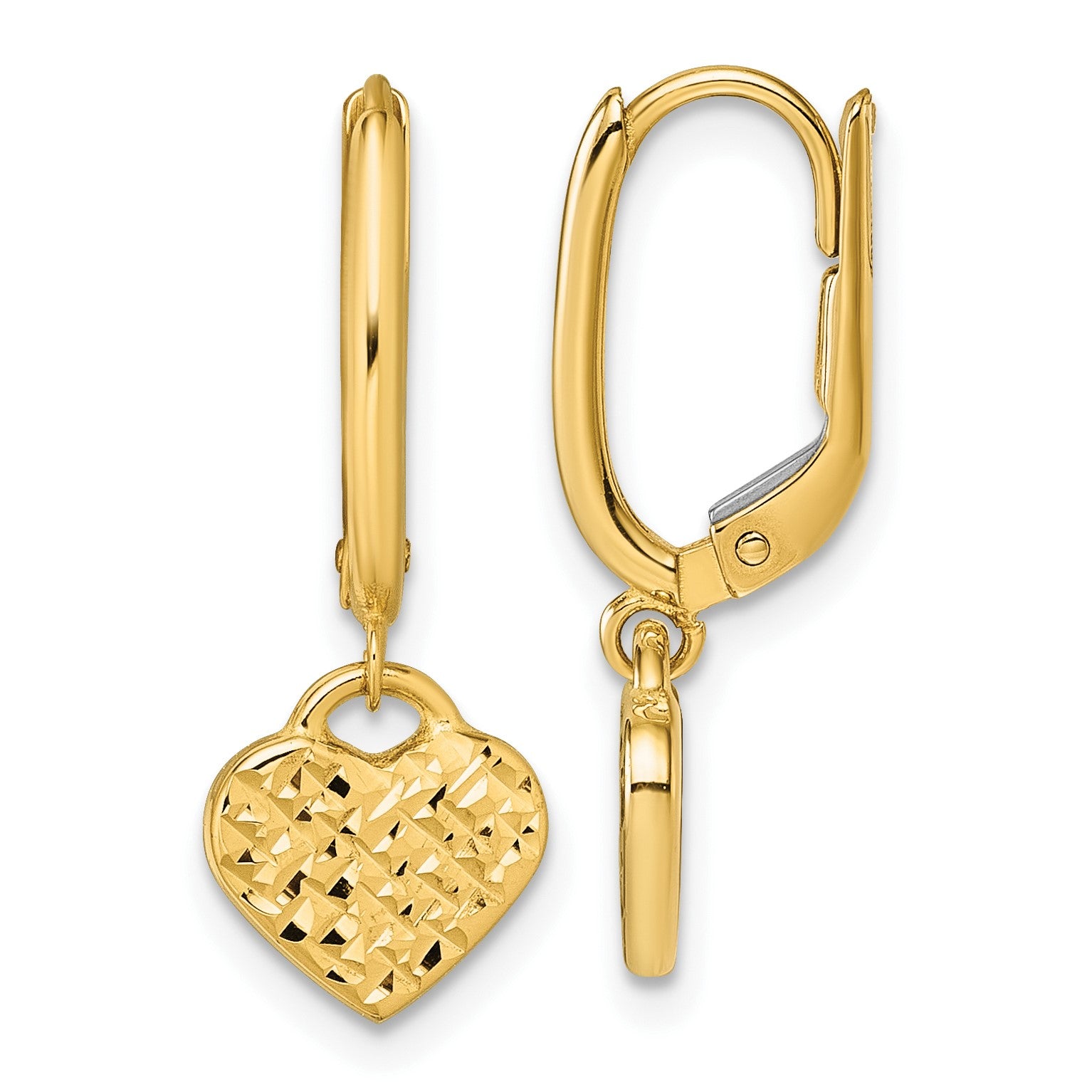 14k Polished Diamond-cut Heart Dangle Leverback Earrings