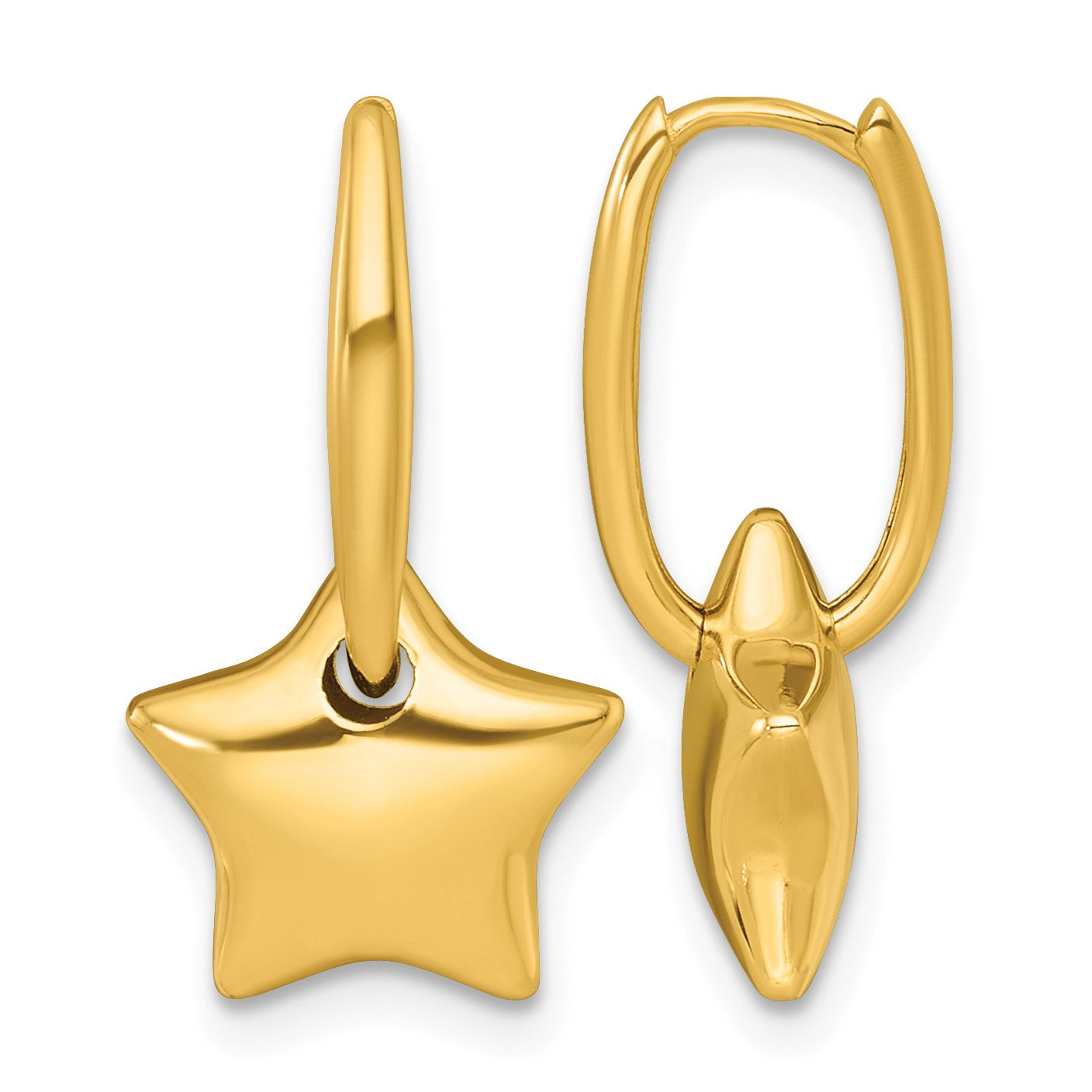 14k Polished Dangle Puffed Star Hinged Hoop Earrings