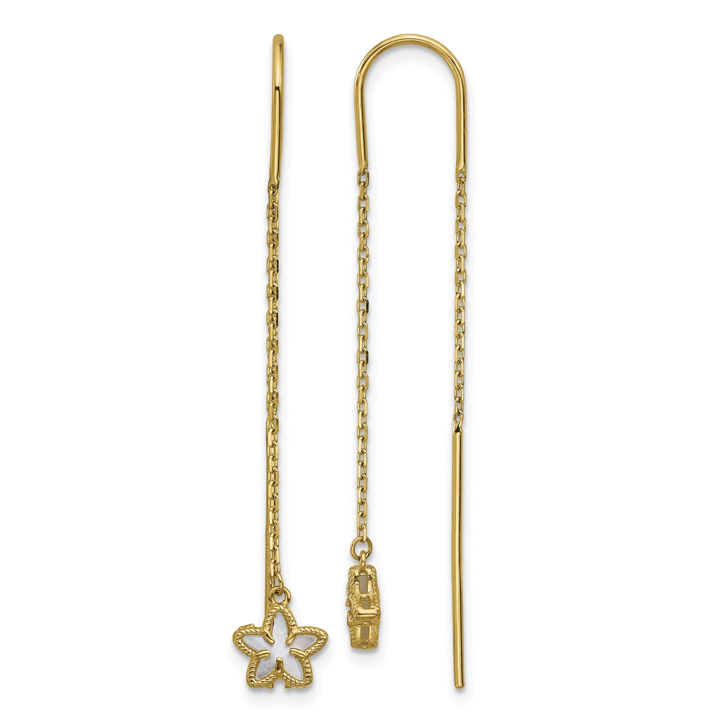 14K Polished Mother of Pearl Flower Cable Chain Threader Earrings