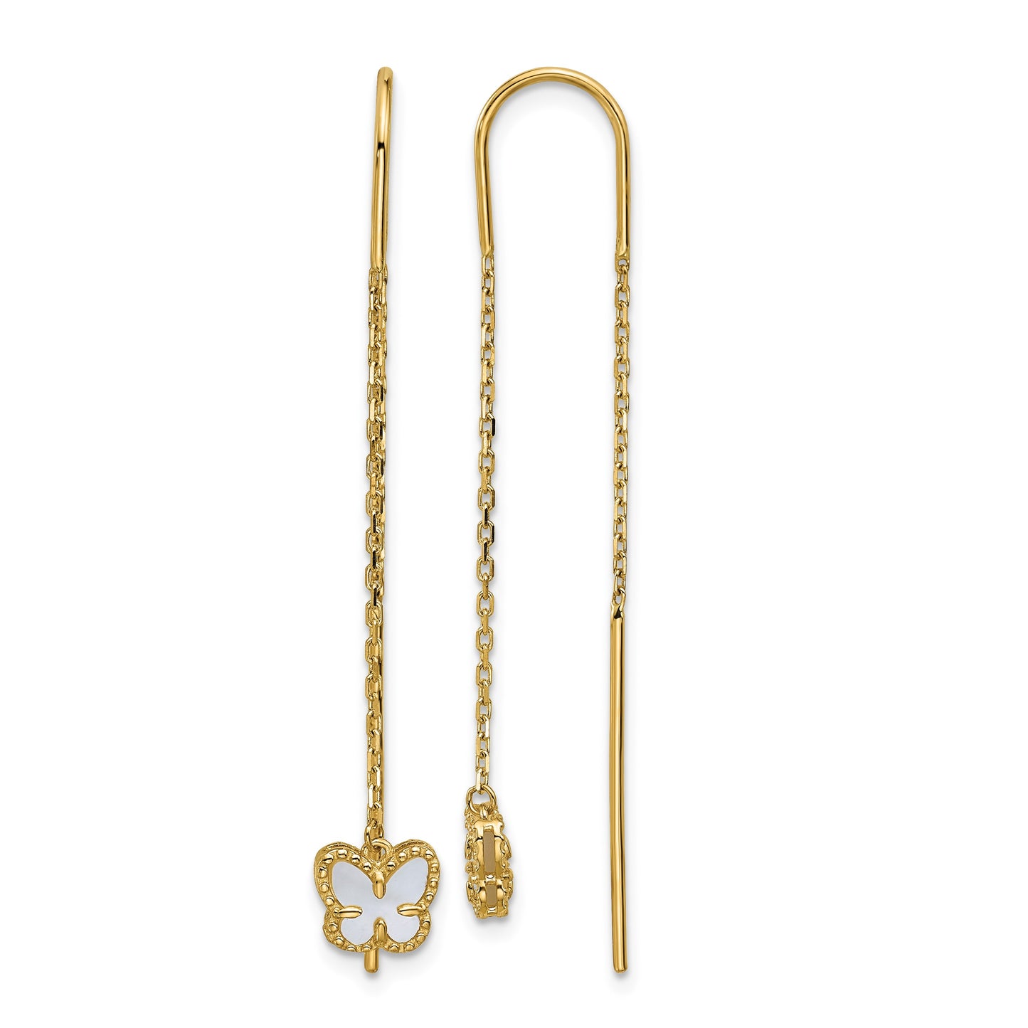 14K Polished Mother of Pearl Butterfly Cable Chain Threader Earrings