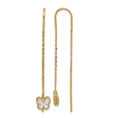 14K Polished Mother of Pearl Butterfly Cable Chain Threader Earrings