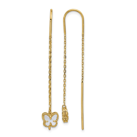 14K Polished Mother of Pearl Butterfly Cable Chain Threader Earrings