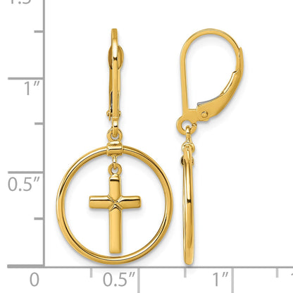 14k Polished Cross in Circle Leverback Dangle Earrings