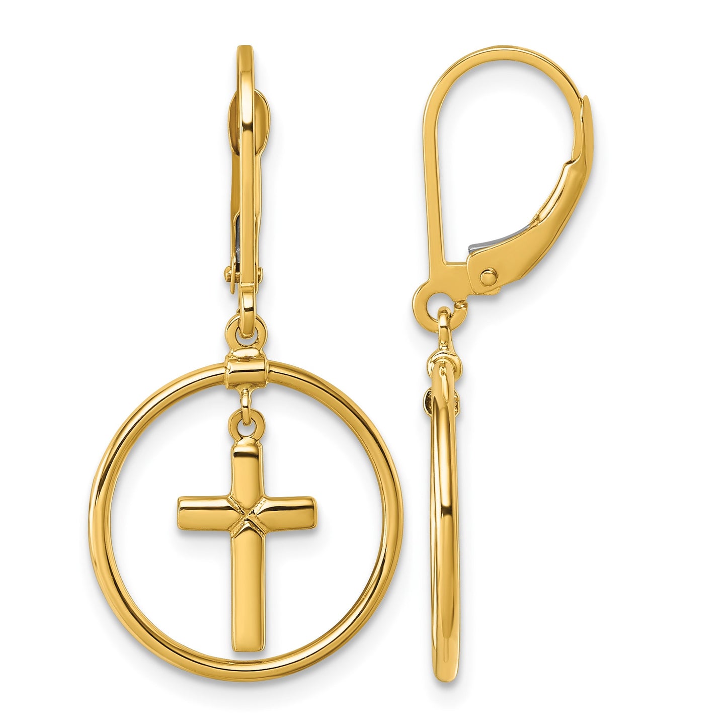 14k Polished Cross in Circle Leverback Dangle Earrings