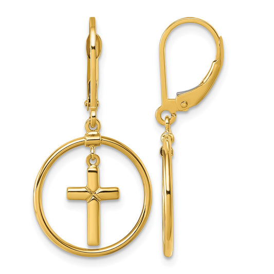 14k Polished Cross in Circle Leverback Dangle Earrings