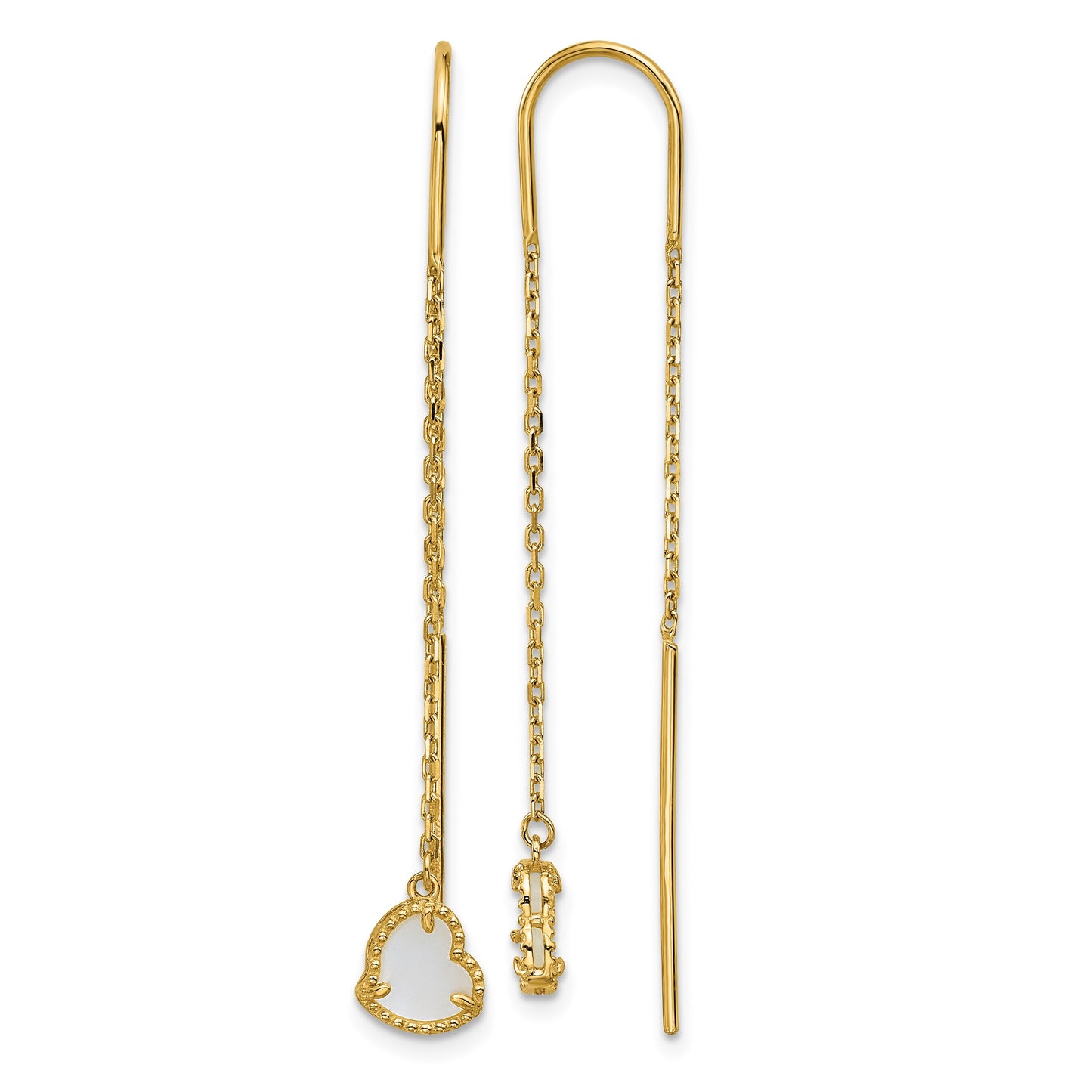 14K Polished Mother of Pearl Heart Cable Chain Threader Earrings