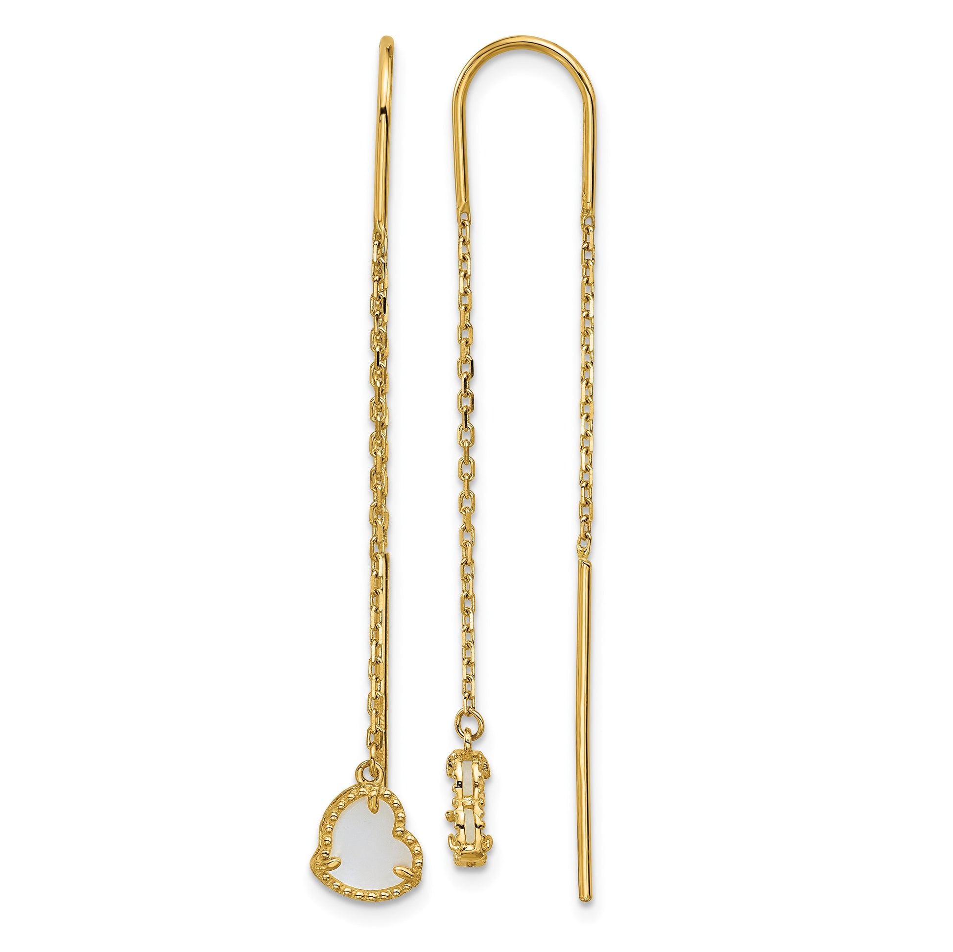 14K Polished Mother of Pearl Heart Cable Chain Threader Earrings