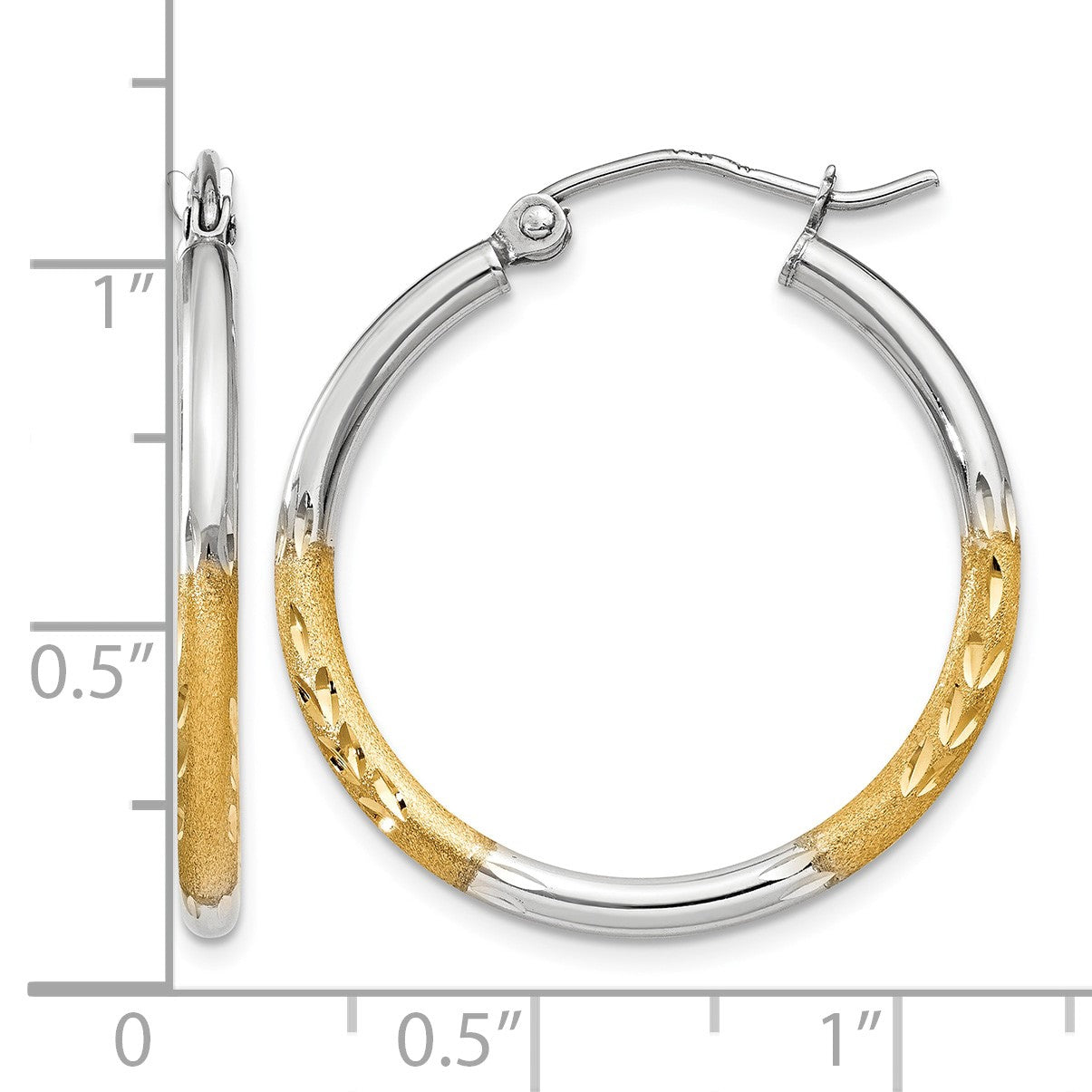 14k w/White Rhodium 2mm Satin and Polished Diamond-cut Hoop Earrings