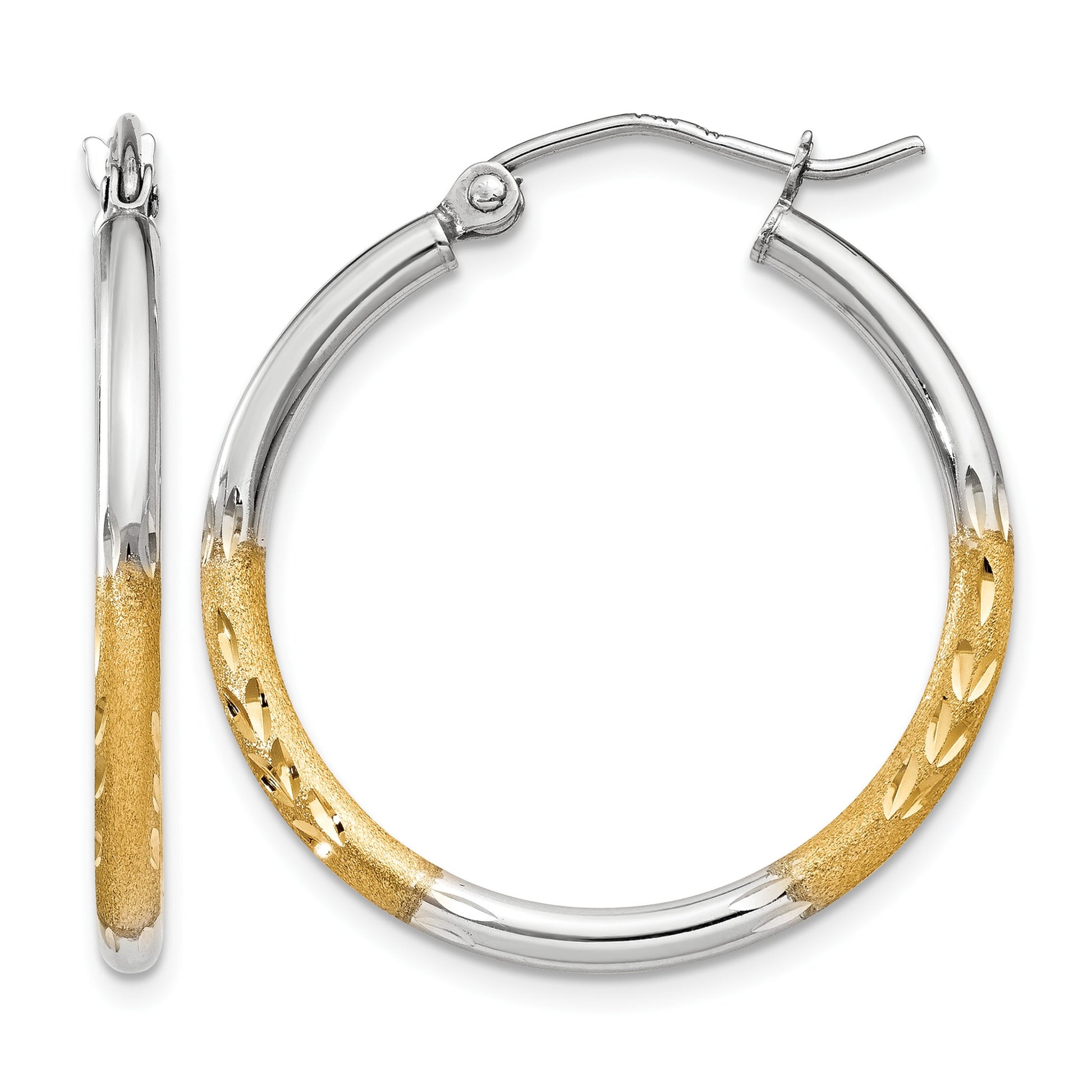 14k w/White Rhodium 2mm Satin and Polished Diamond-cut Hoop Earrings