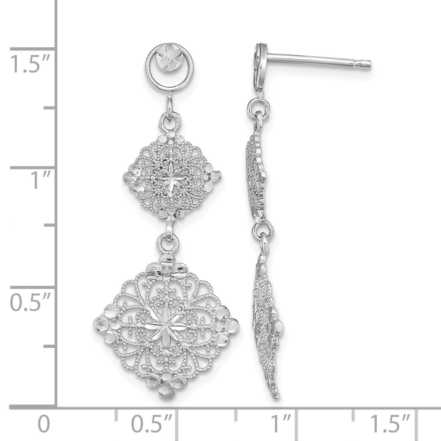 14K White Gold Diamond-cut Filigree Dangle Post Earrings