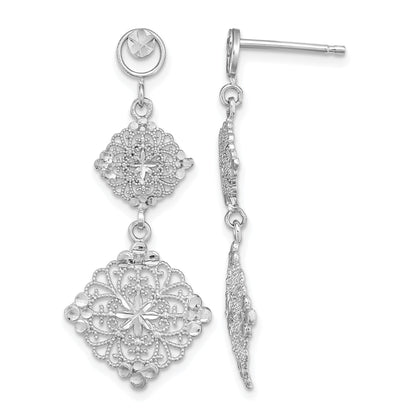 14K White Gold Diamond-cut Filigree Dangle Post Earrings