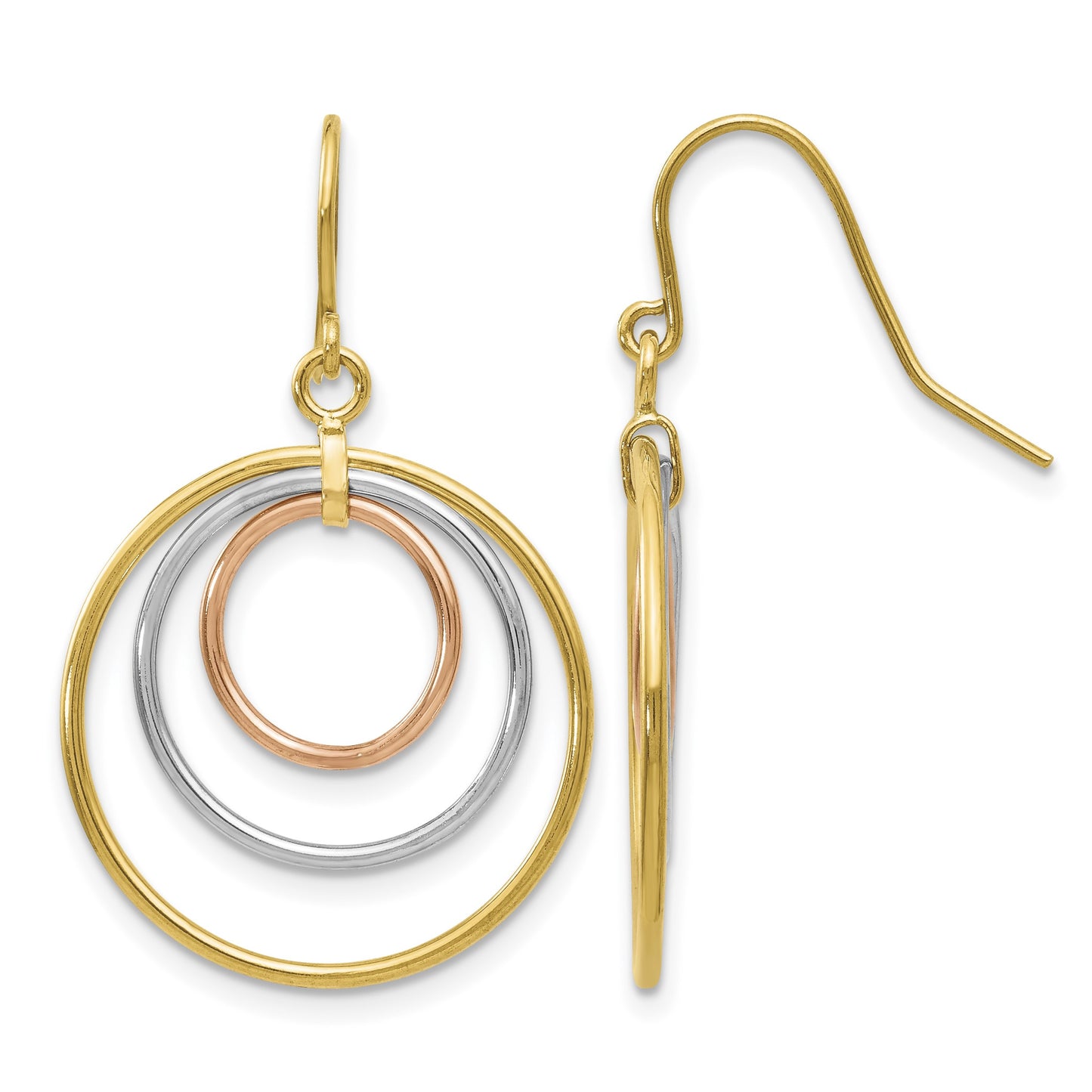 14k Tri-Color Graduated Circles Dangle French Hook Earrings