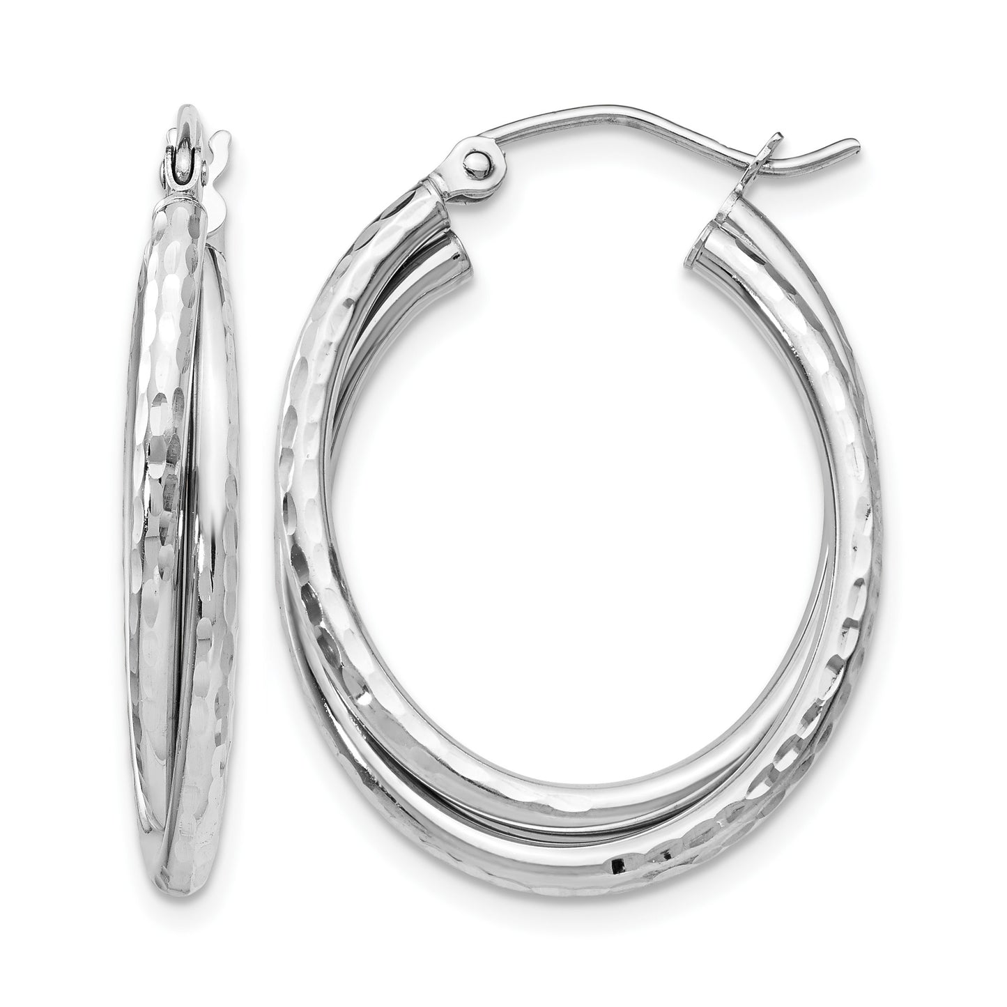 14k White Gold Diamond-cut Polished Oval Hoop Earring