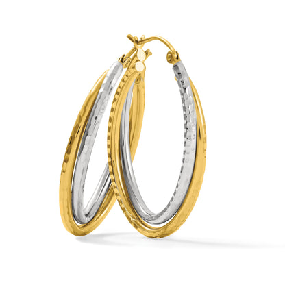 14k Two-tone Diamond-cut Polished Oval Hoop Earring