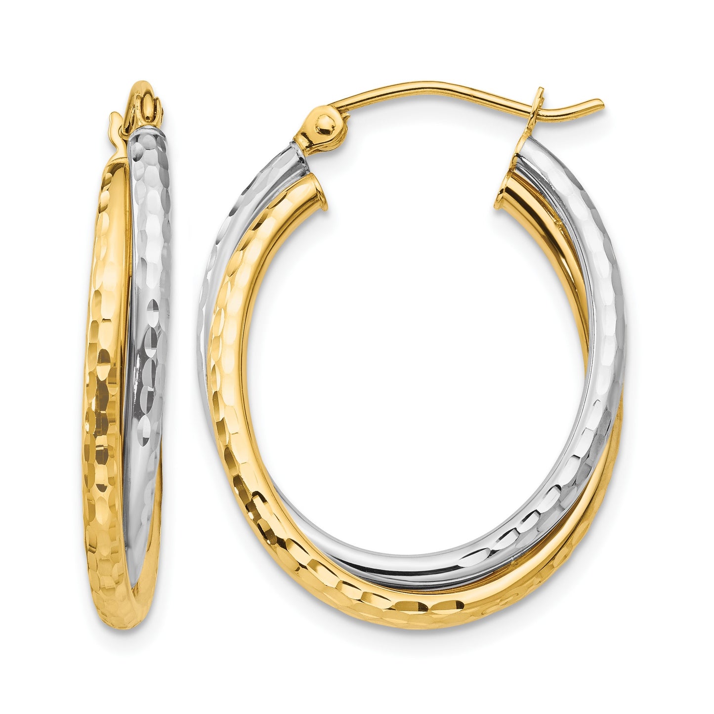 14k Two-tone Diamond-cut Polished Oval Hoop Earring
