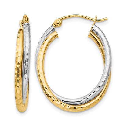 14k Two-tone Diamond-cut Polished Oval Hoop Earring