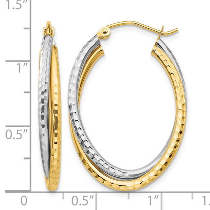 14k Two-tone Diamond-cut Polished Oval Hoop Earring