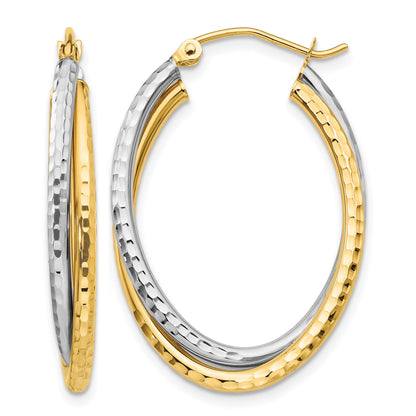 14k Two-tone Diamond-cut Polished Oval Hoop Earring