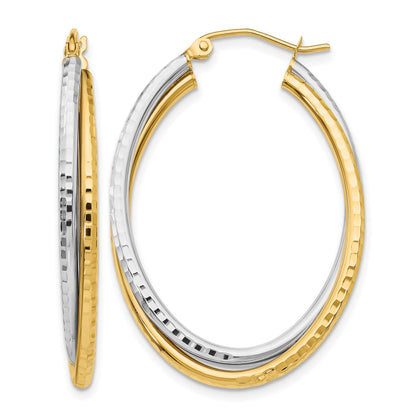 14k Two-tone Diamond-cut Polished Oval Hoop Earring