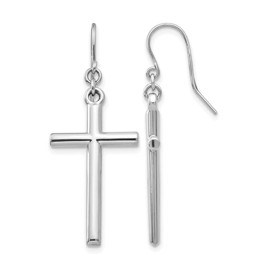 14k White Gold Hollow Polished Cross Dangle French Hook Earrings