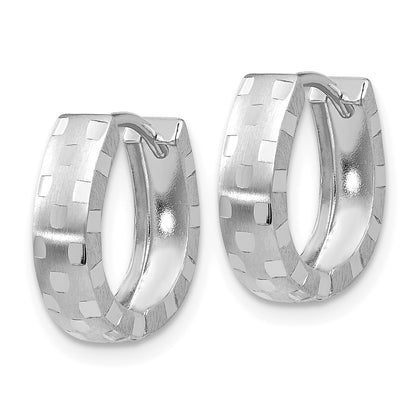 14K White Gold Diamond Cut 4mm Patterned Hinged Hoop Earrings