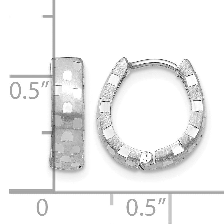 14K White Gold Diamond Cut 4mm Patterned Hinged Hoop Earrings