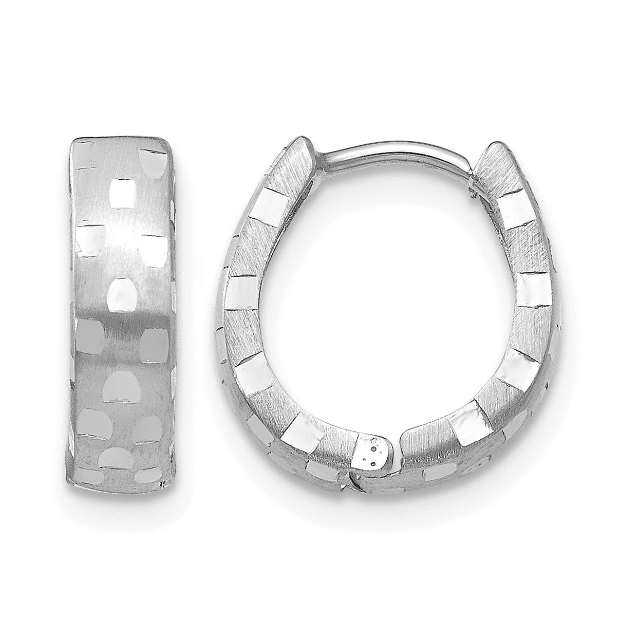 14K White Gold Diamond Cut 4mm Patterned Hinged Hoop Earrings