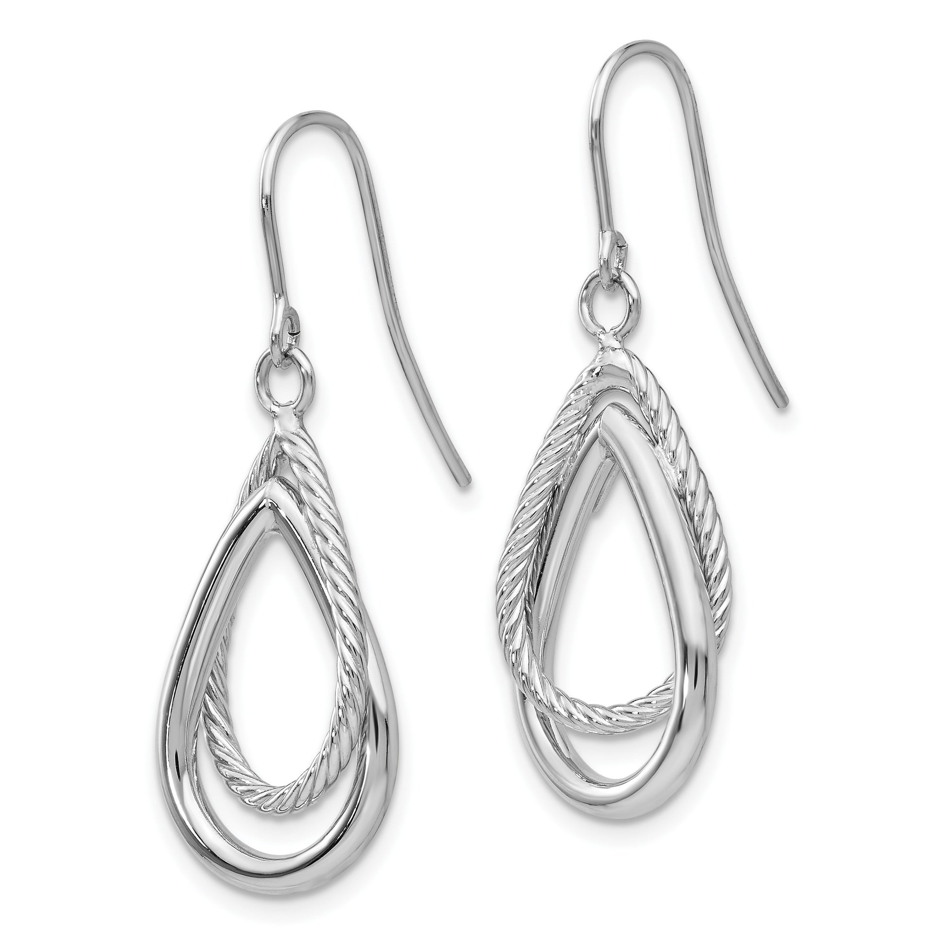 14K White Gold Polished and Textured Teardrop Dangle French Hook Earrings