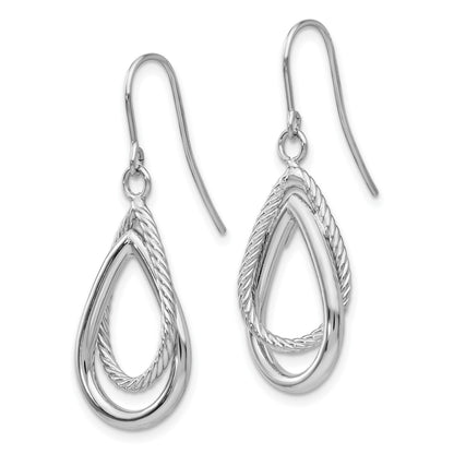 14K White Gold Polished and Textured Teardrop Dangle French Hook Earrings
