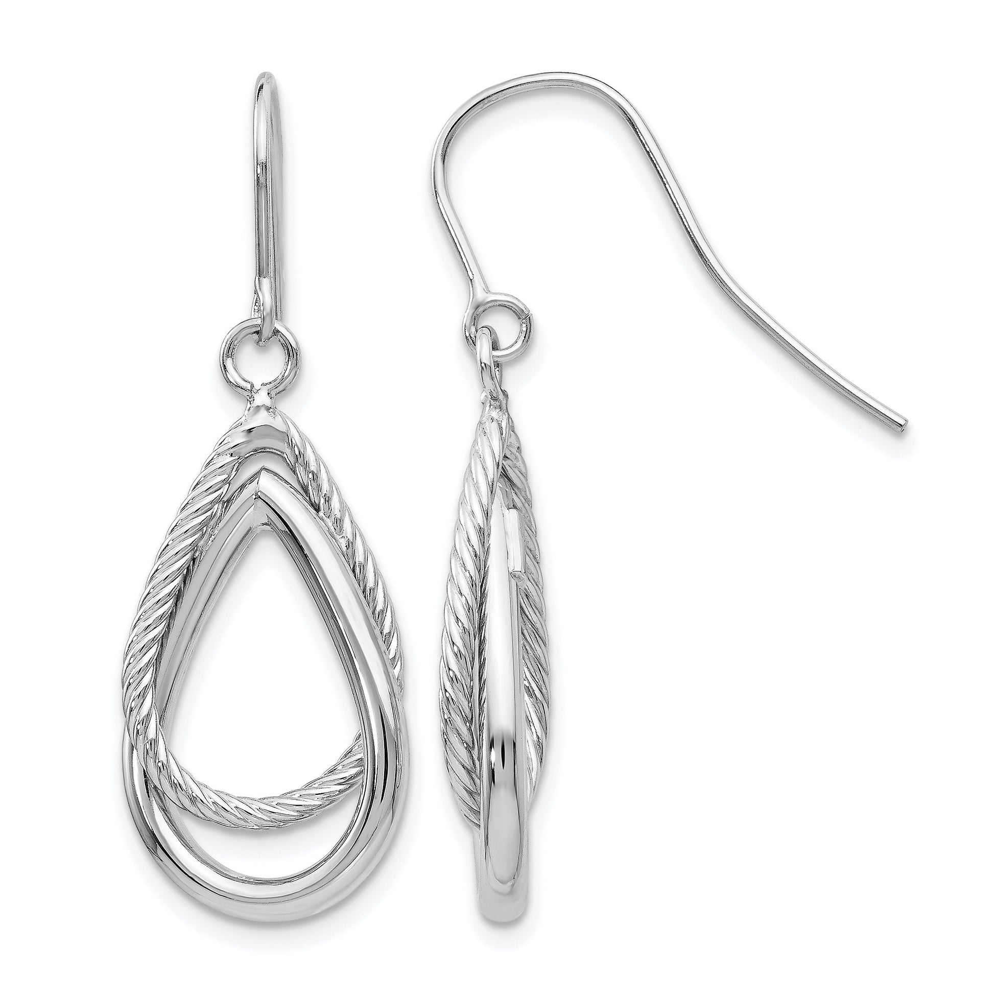 14K White Gold Polished and Textured Teardrop Dangle French Hook Earrings