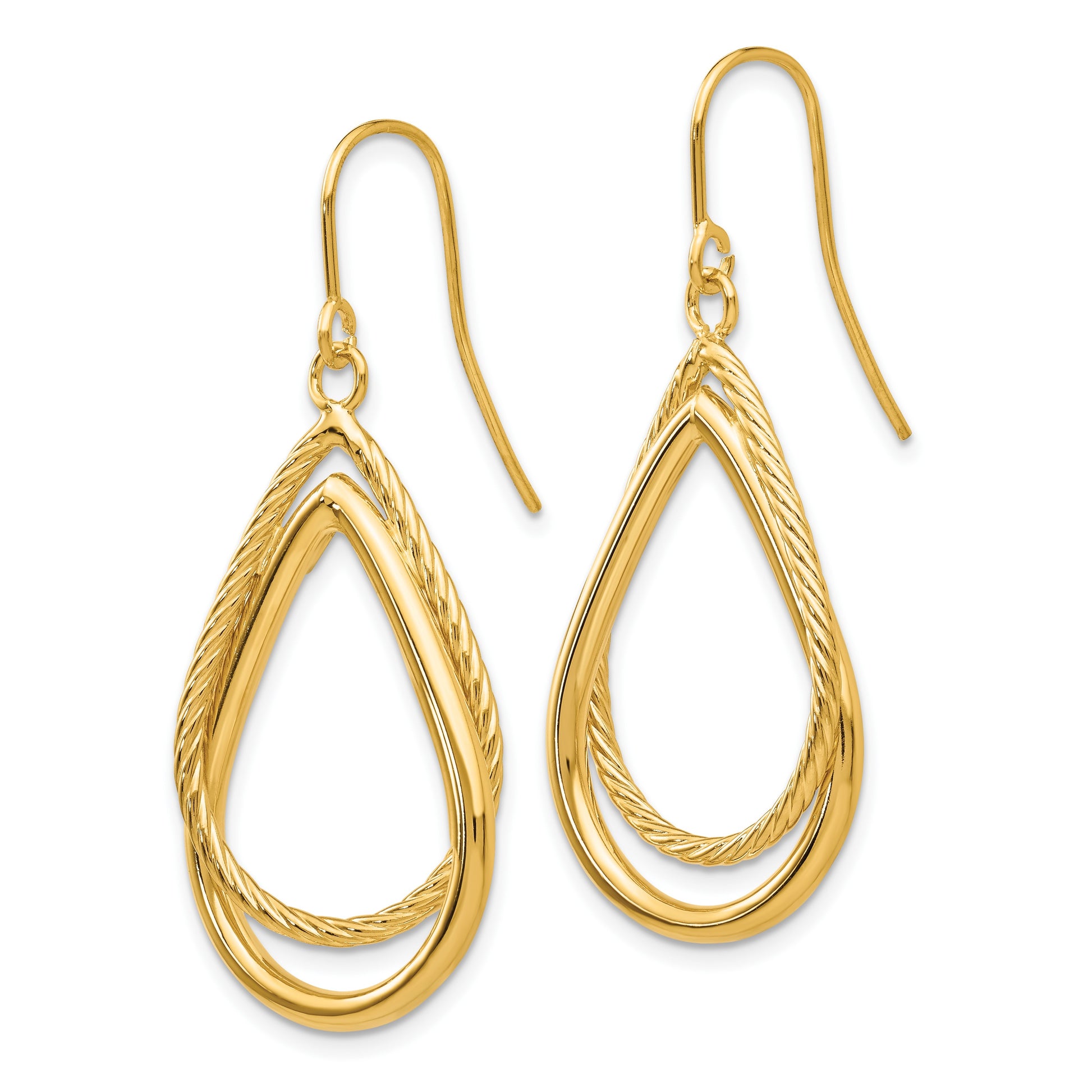 14K Polished and Textured Teardrop Dangle French Hook Earrings