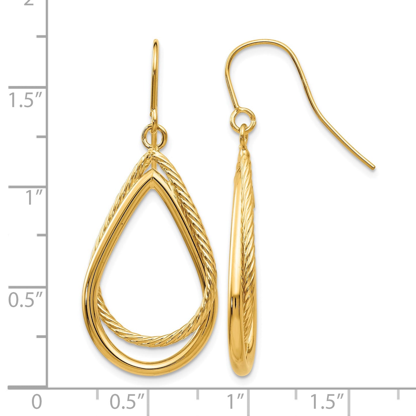 14K Polished and Textured Teardrop Dangle French Hook Earrings