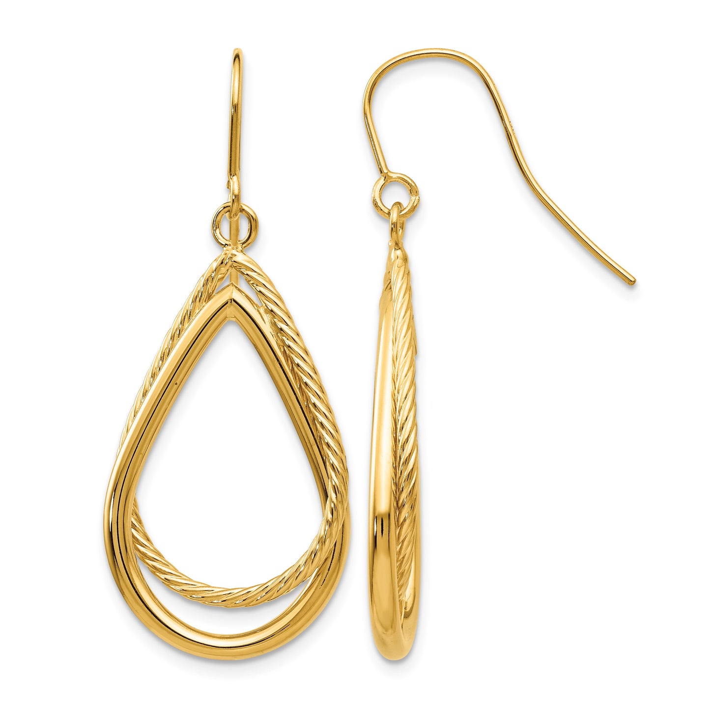 14K Polished and Textured Teardrop Dangle French Hook Earrings