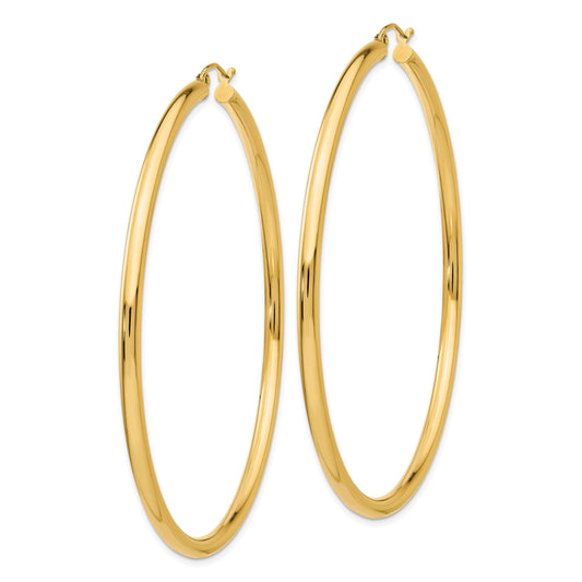 14k 3x70mm Polished Round Tube Hoop Earrings