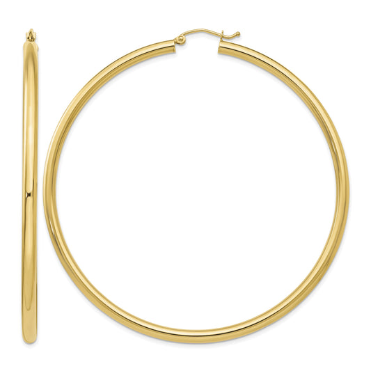 14k 3x70mm Polished Round Tube Hoop Earrings