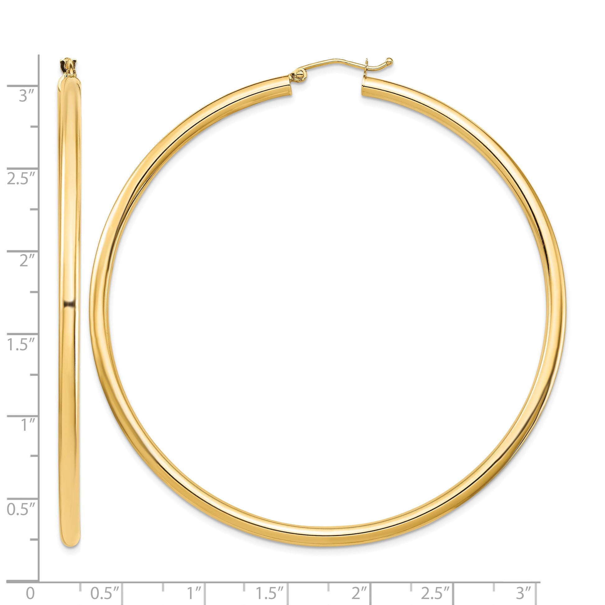 14k 3x70mm Polished Lightweight Round Tube Hoop Earrings