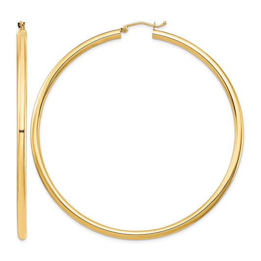 14k 3x70mm Polished Lightweight Round Tube Hoop Earrings