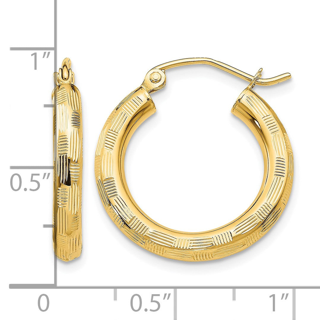 14k 3x20mm Diamond-cut Tube Hoop Earrings