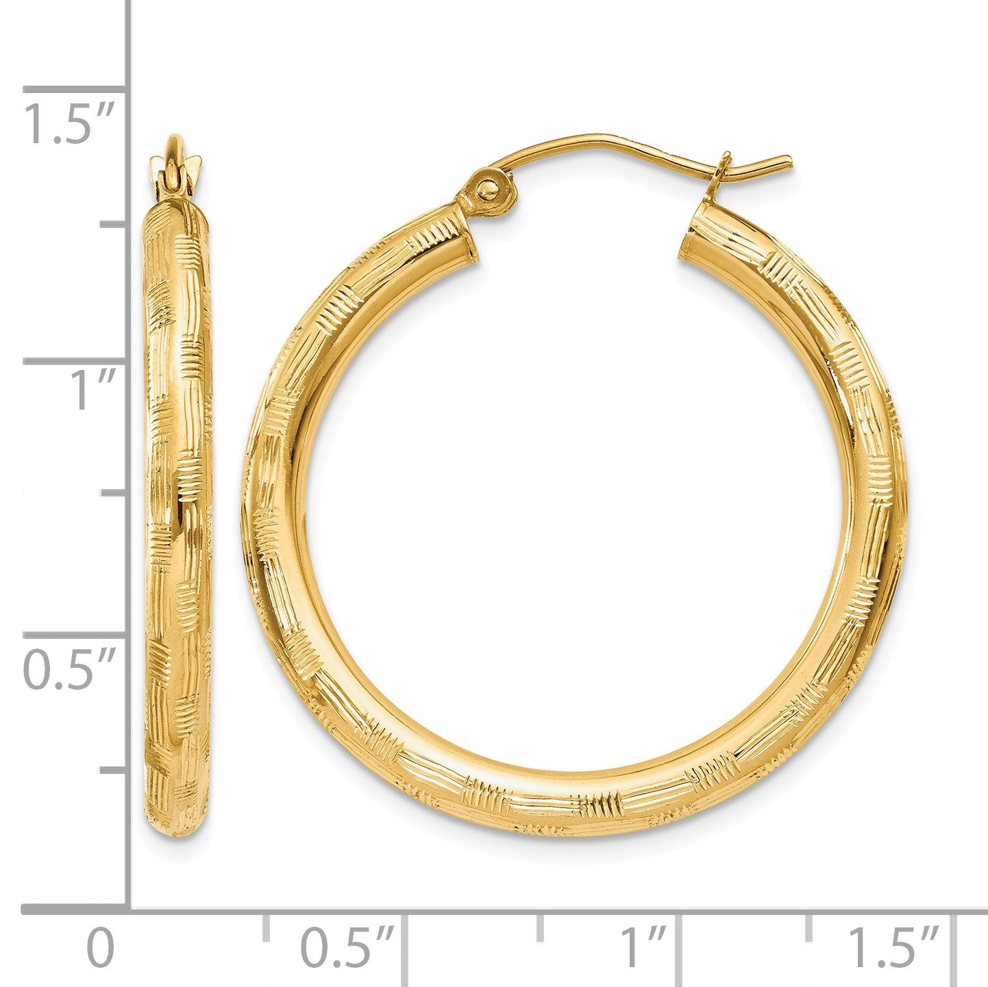 14k 3x30mm Diamond-cut Tube Hoop Earrings