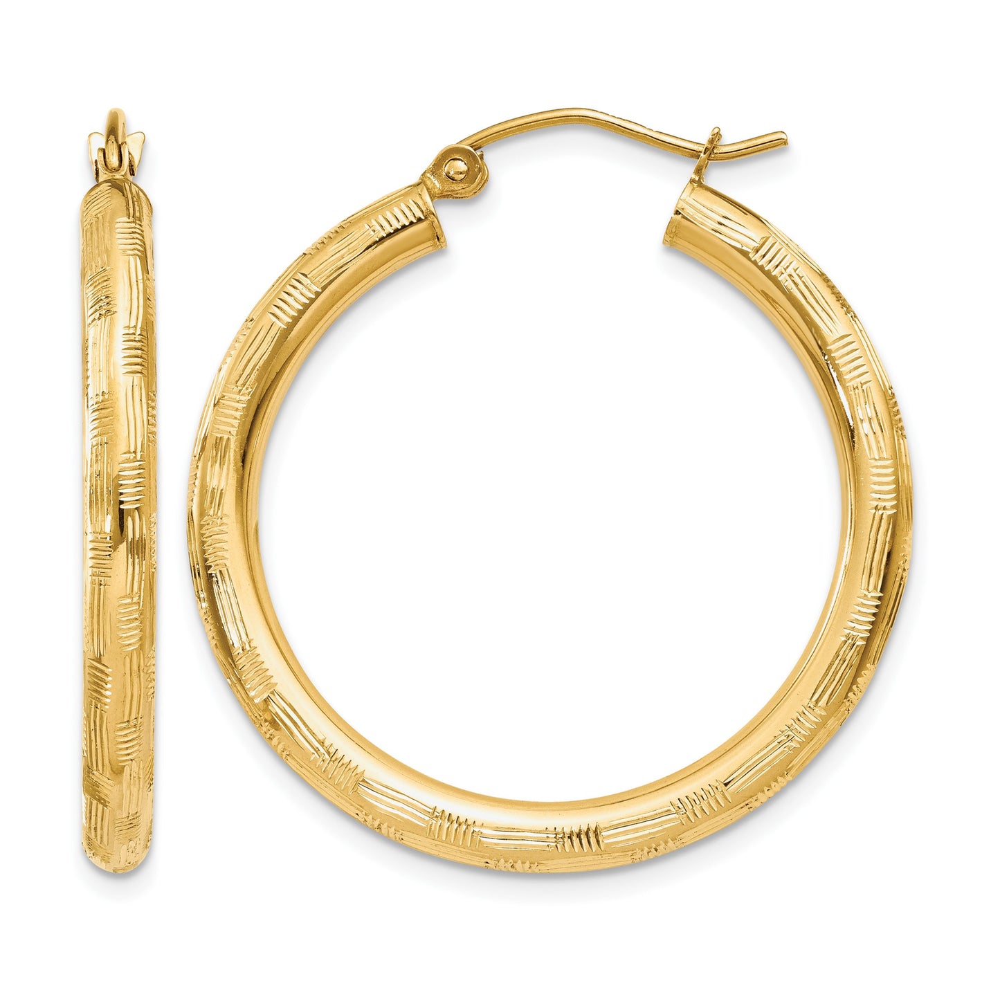 14k 3x30mm Diamond-cut Tube Hoop Earrings