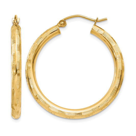 14k 3x30mm Diamond-cut Tube Hoop Earrings