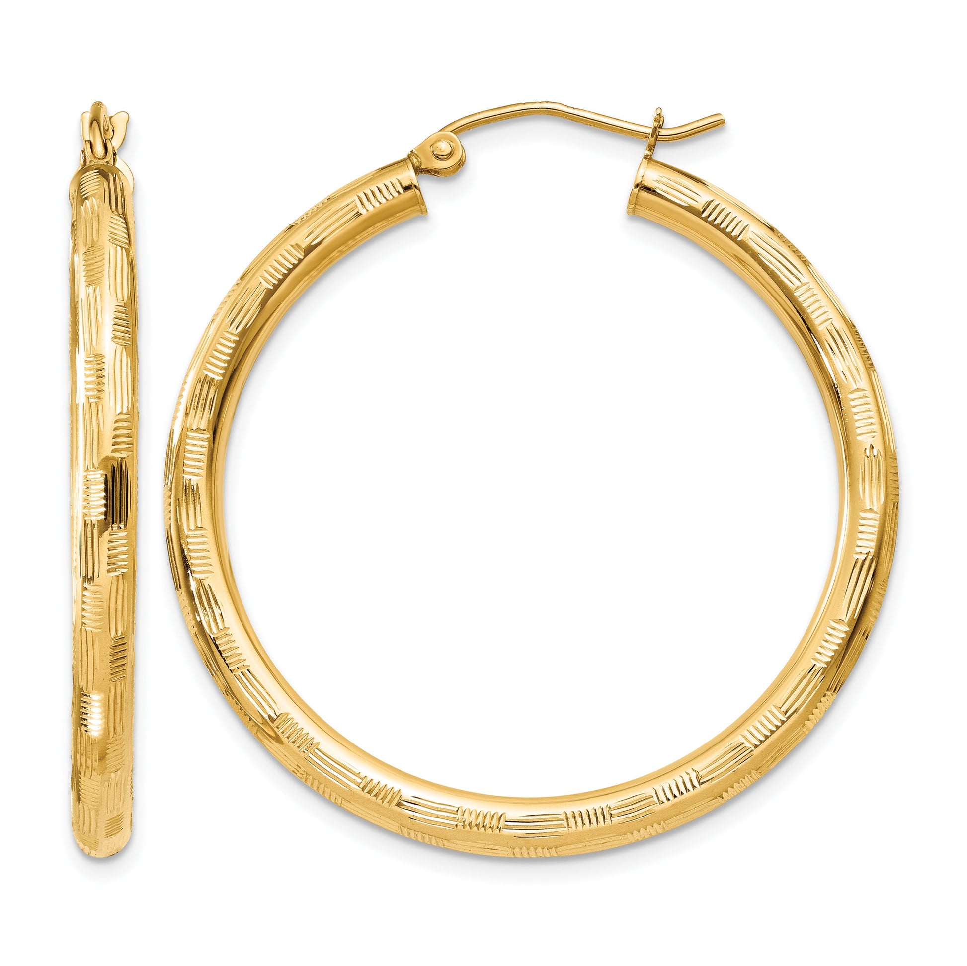 14k 3x35mm Diamond-cut Tube Hoop Earrings