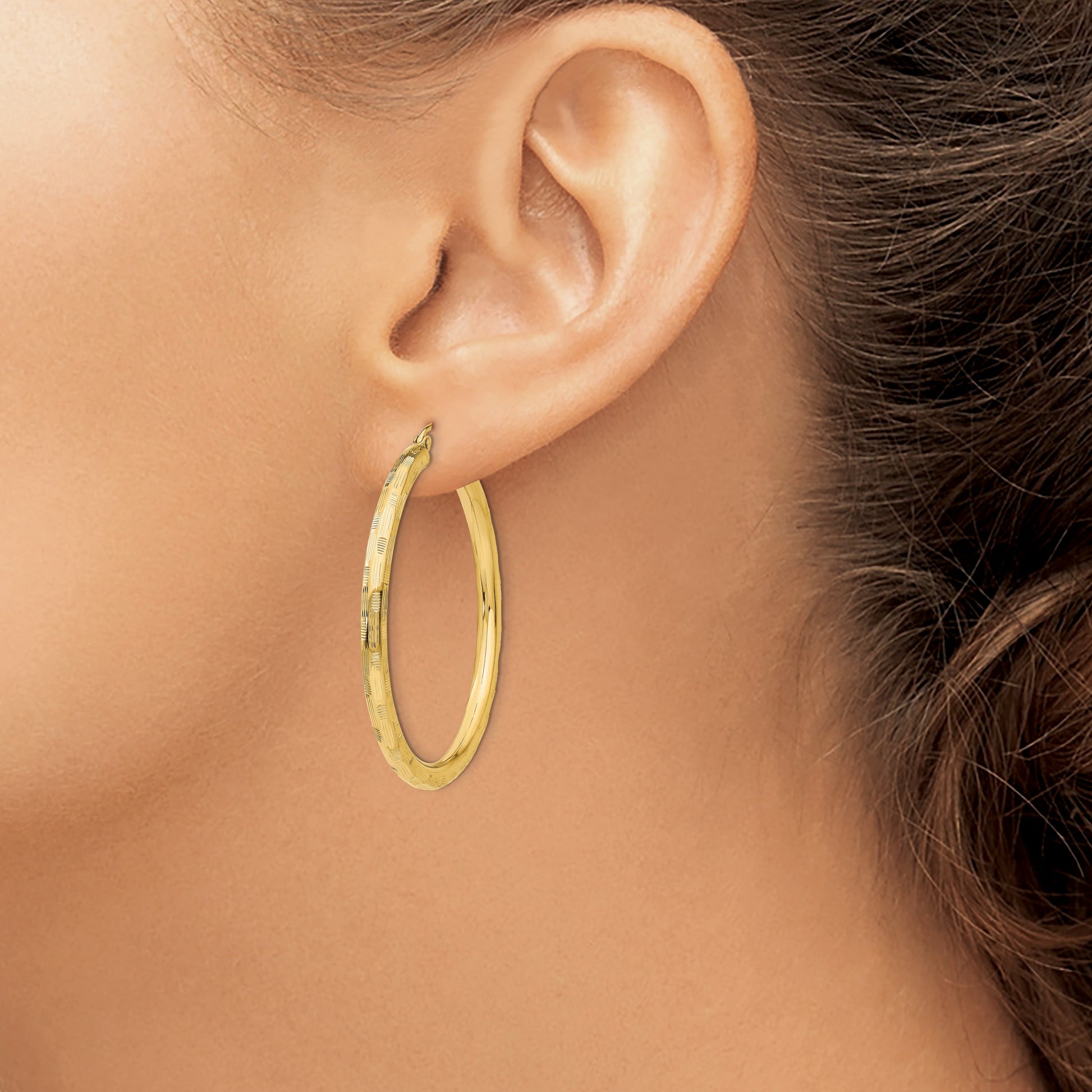 14k 3x40mm Diamond-cut Tube Hoop Earrings