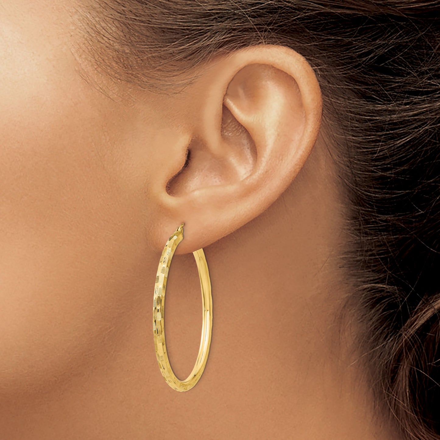 14k 3x45mm Diamond-cut Tube Hoop Earrings