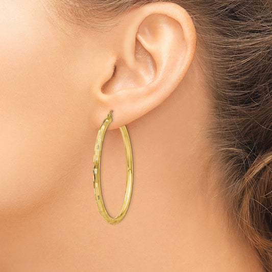 14k 3x50mm Diamond-cut Tube Hoop Earrings