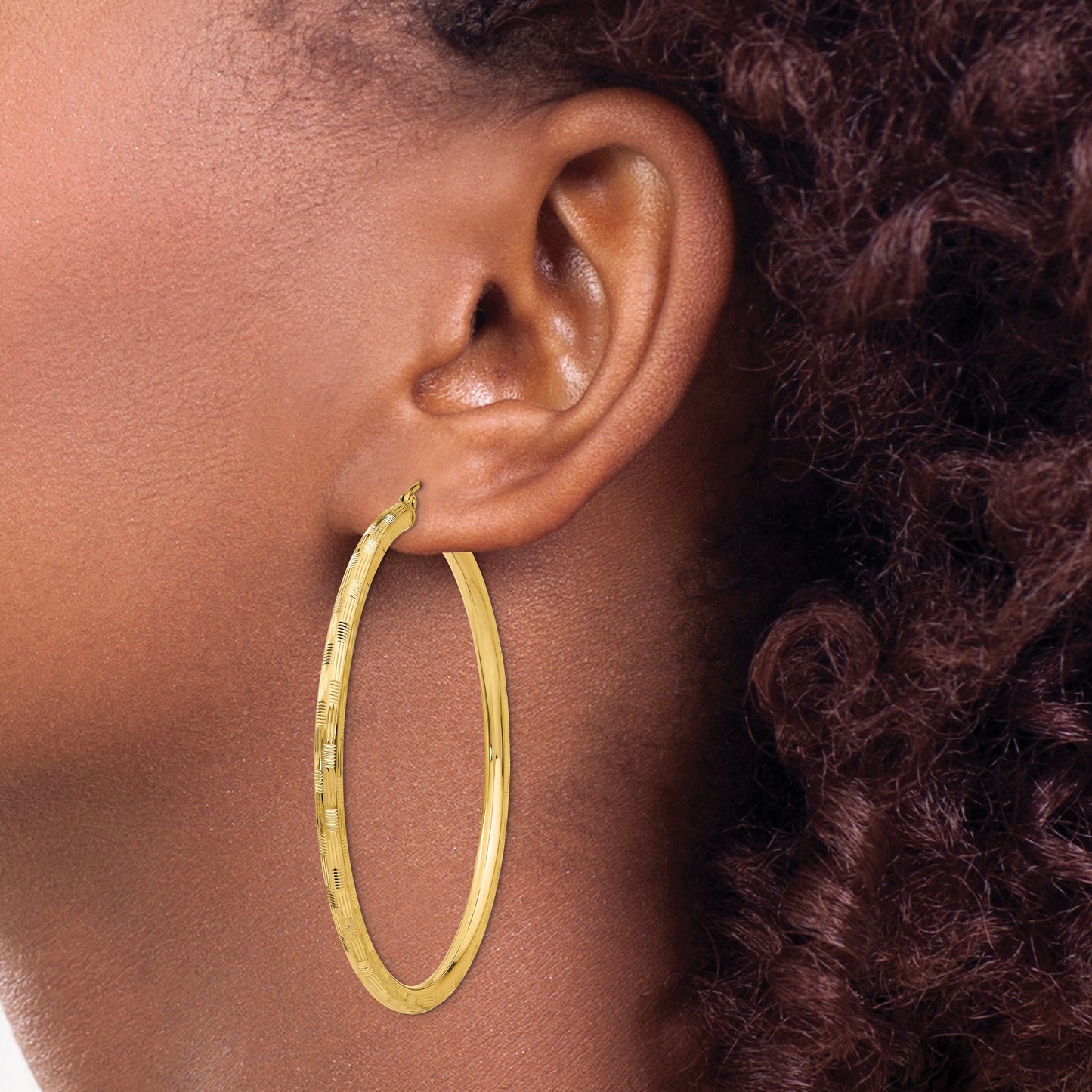 14k 3x55mm Diamond-cut Tube Hoop Earrings