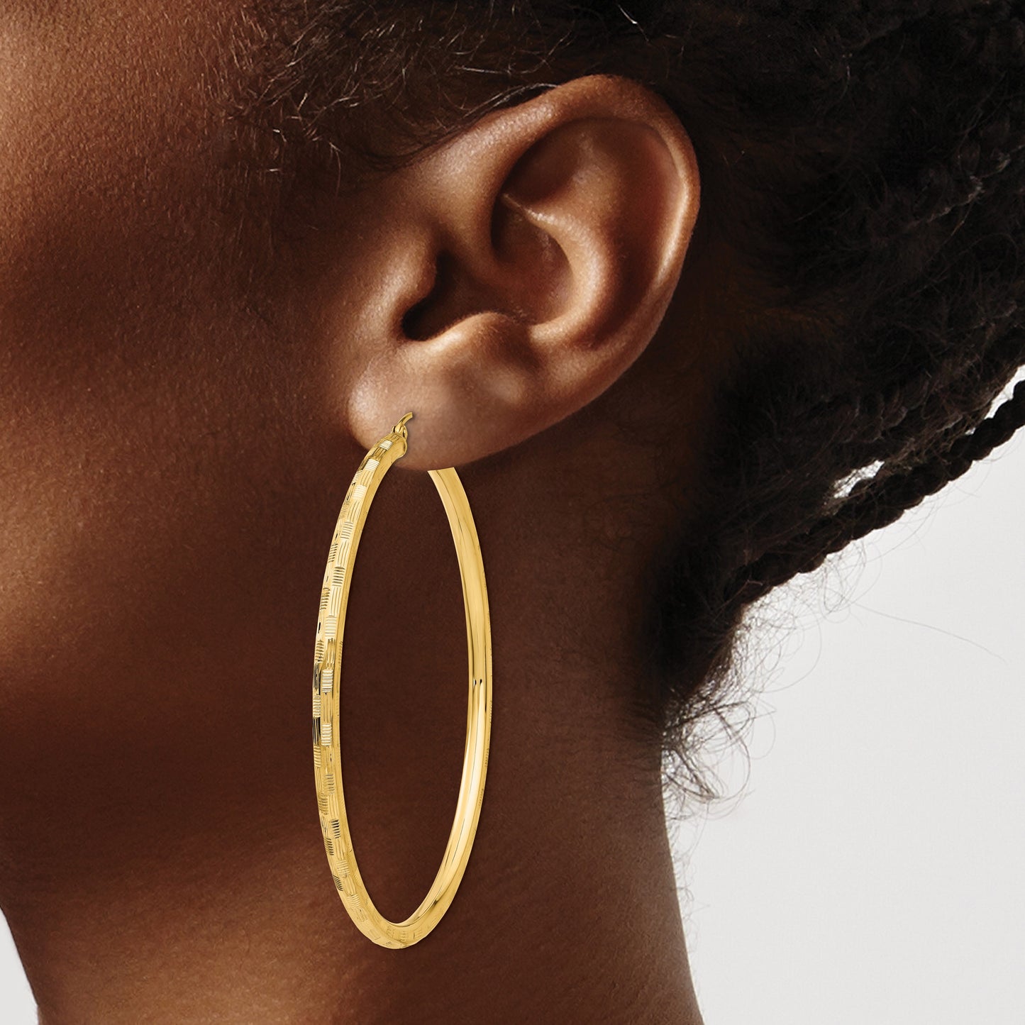 14k 3x60mm Diamond-cut Tube Hoop Earrings