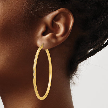 14k 3x60mm Diamond-cut Tube Hoop Earrings