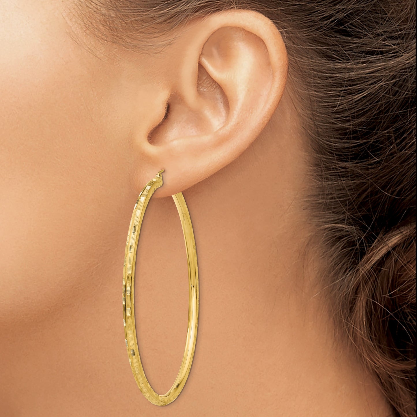 14k 3x65mm Diamond-cut Tube Hoop Earrings